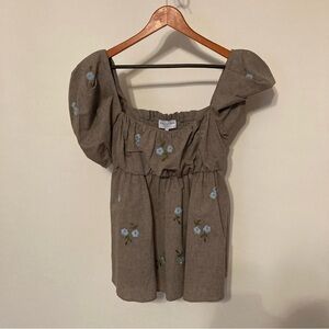 Smocked Square-Neck Puff Sleeve Top - Taupe with Blue Floral Embroidery